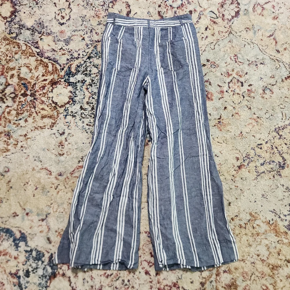 By Anthropologie Cotton & Linen Striped Wide Leg Side Slit Belted Pants Size 6 - Picture 3 of 13